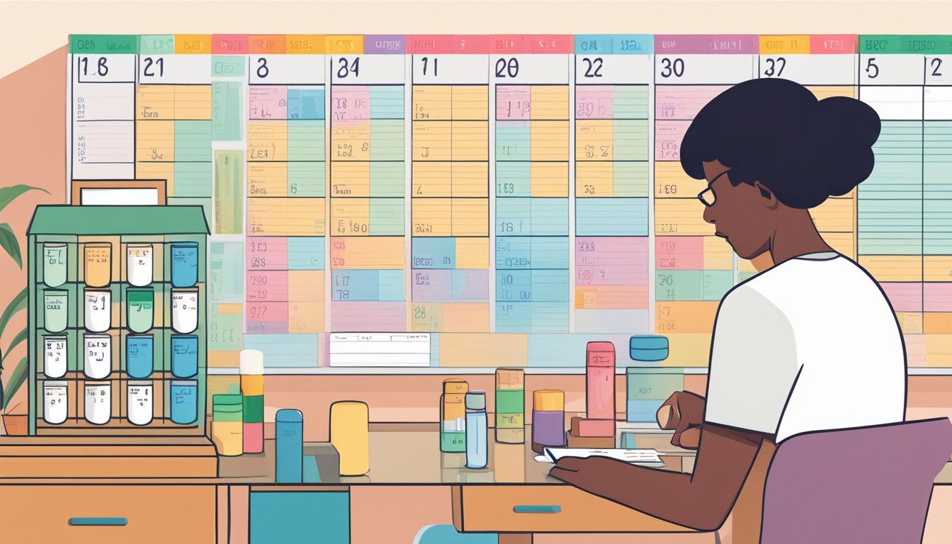 A person organizing pill bottles and a fasting schedule on a calendar