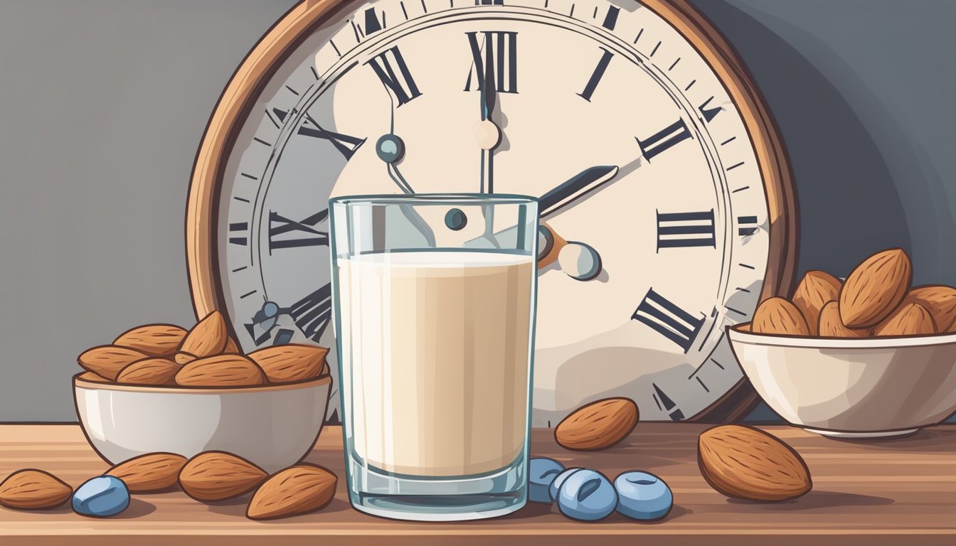 A glass of unsweetened almond milk next to a clock showing the time for intermittent fasting, with various other beverage options nearby for comparison