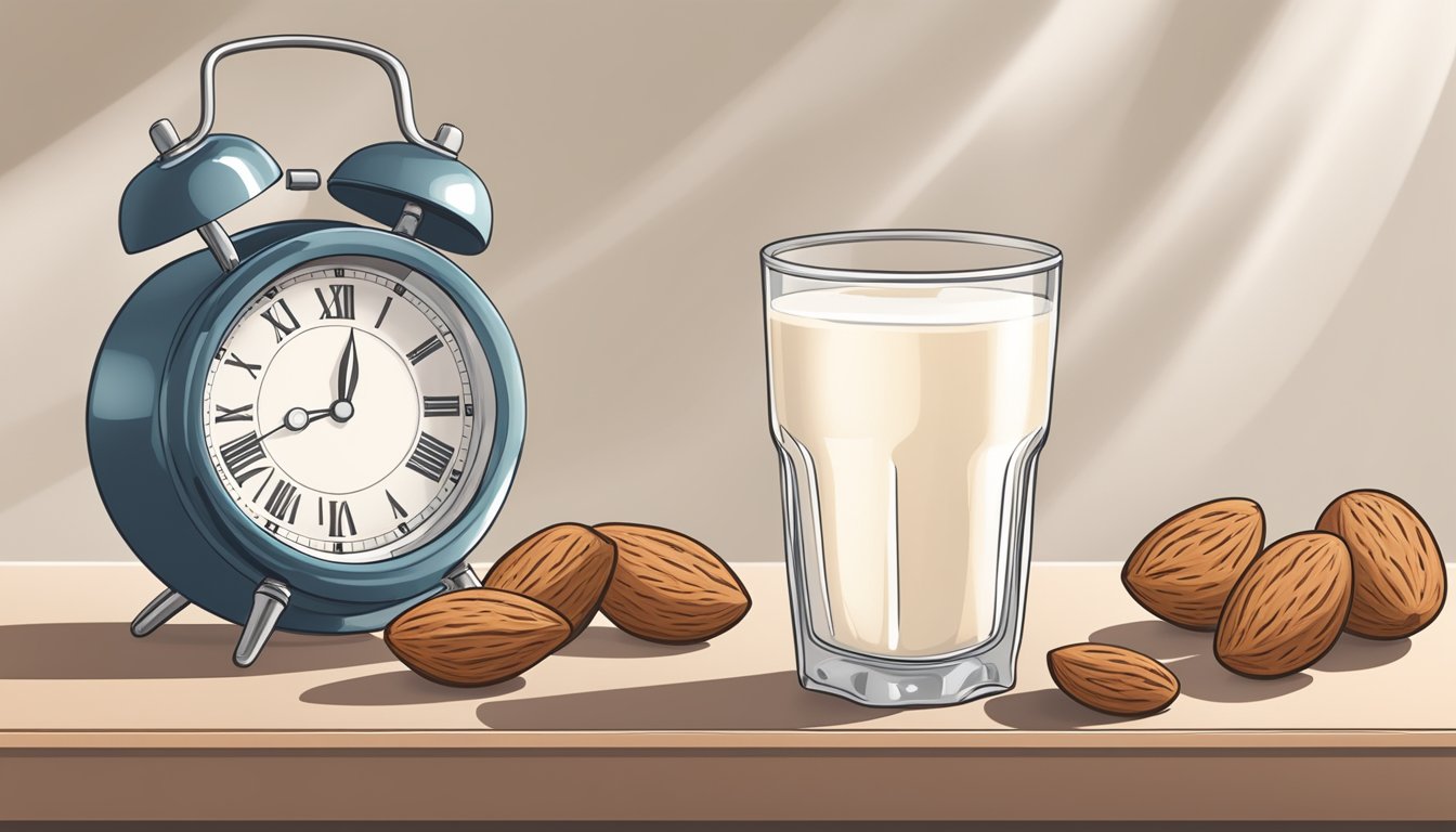 A glass of unsweetened almond milk sits on a table next to a clock showing the time for intermittent fasting