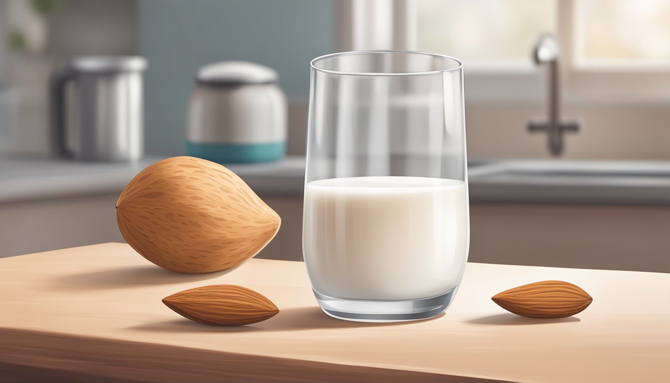 A glass of unsweetened almond milk sits untouched next to a timer set for intermittent fasting