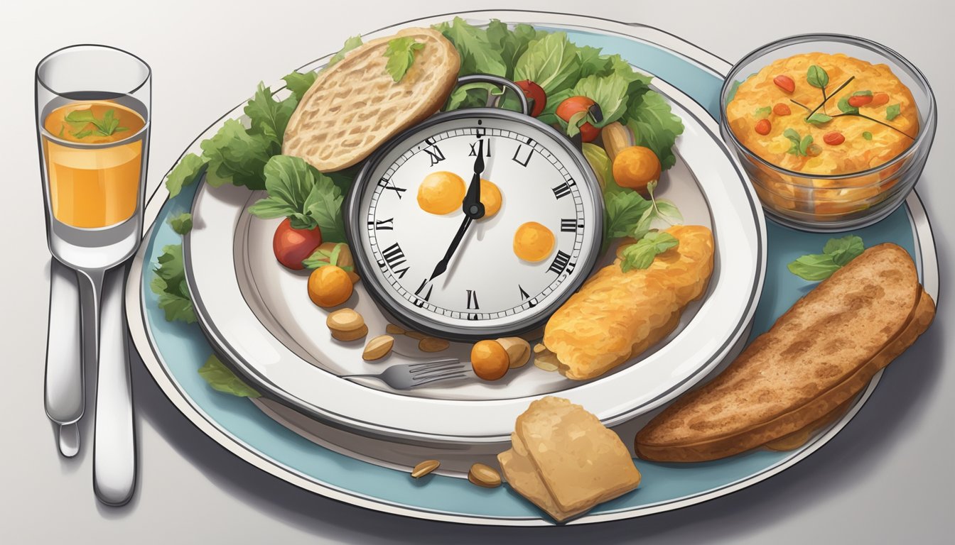 A clock and a plate of food sit side by side, with the hands of the clock moving forward while the food remains untouched