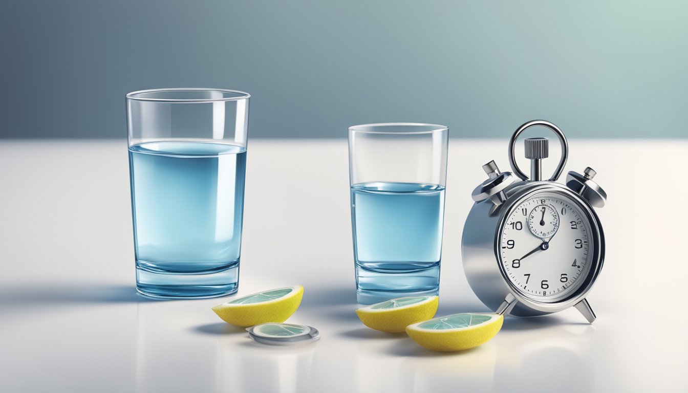 A glass of water sits on a clean, white table next to a stopwatch set to indicate the time for fasting