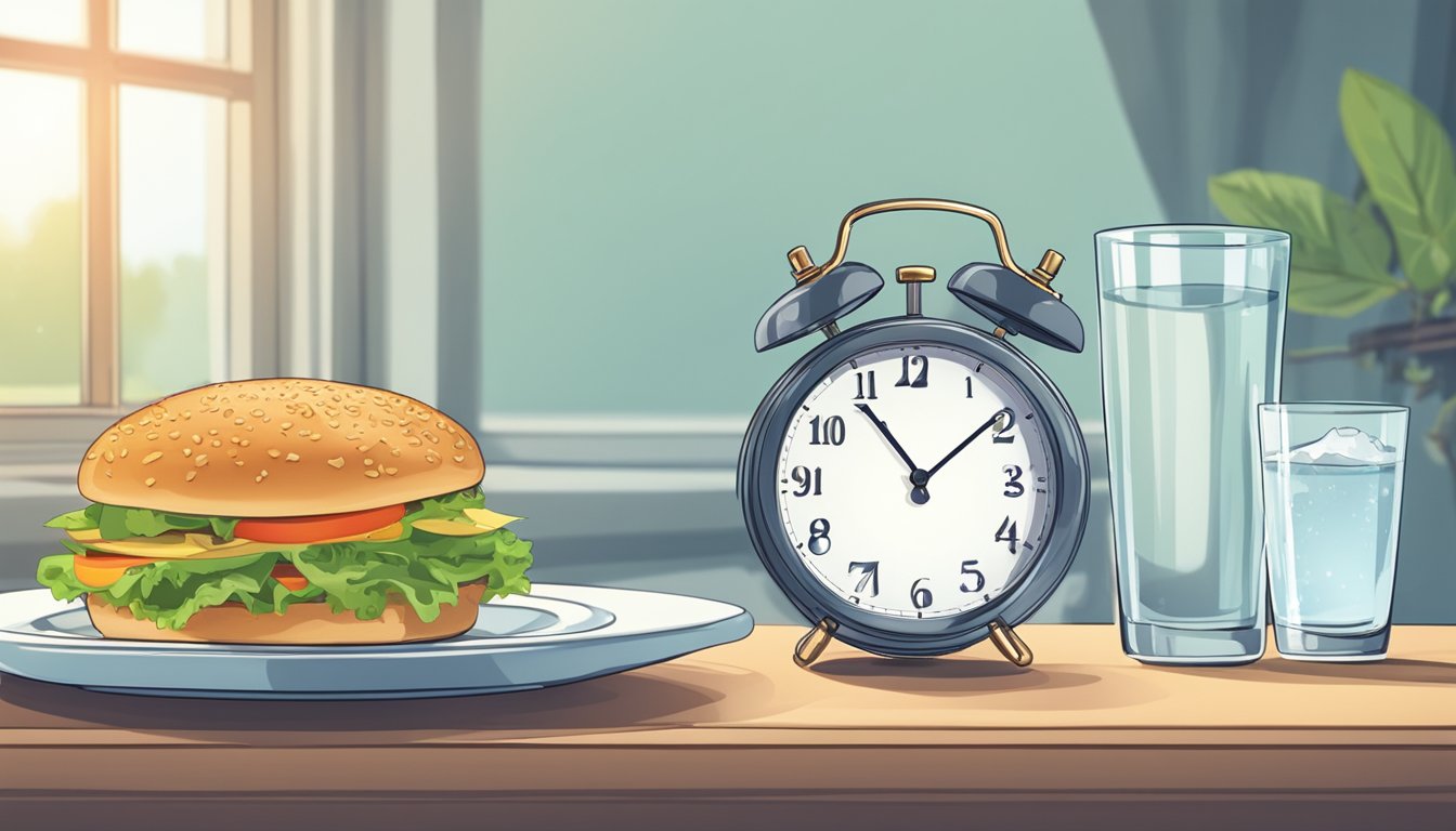 A glass of water placed next to a plate of food, with a clock in the background showing the time for intermittent fasting