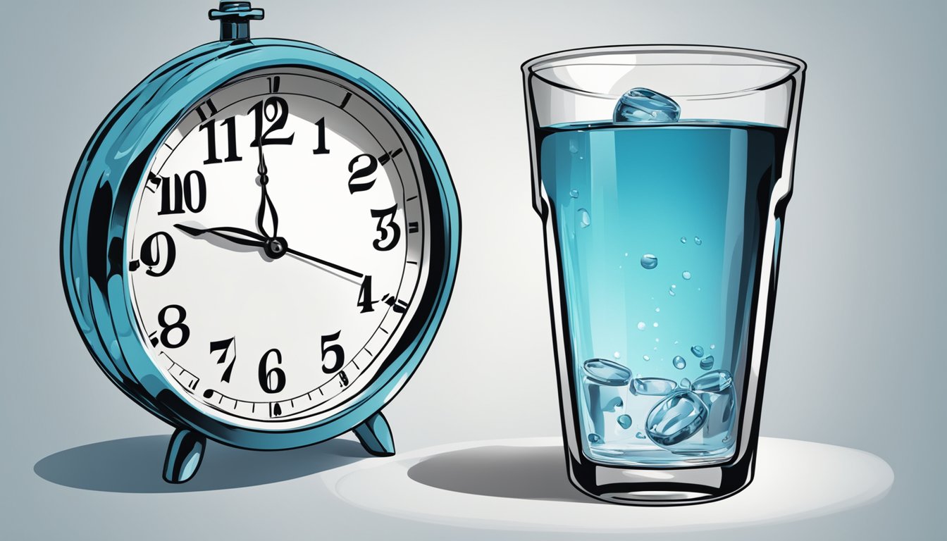 A clear glass of water sits next to a clock showing the time for fasting