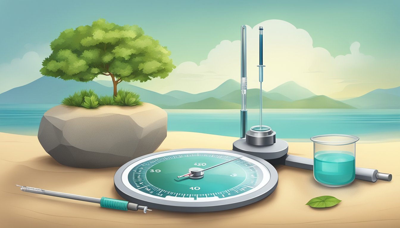 A serene, natural setting with a scale and a syringe, symbolizing the balance between lifestyle changes and weight loss injections