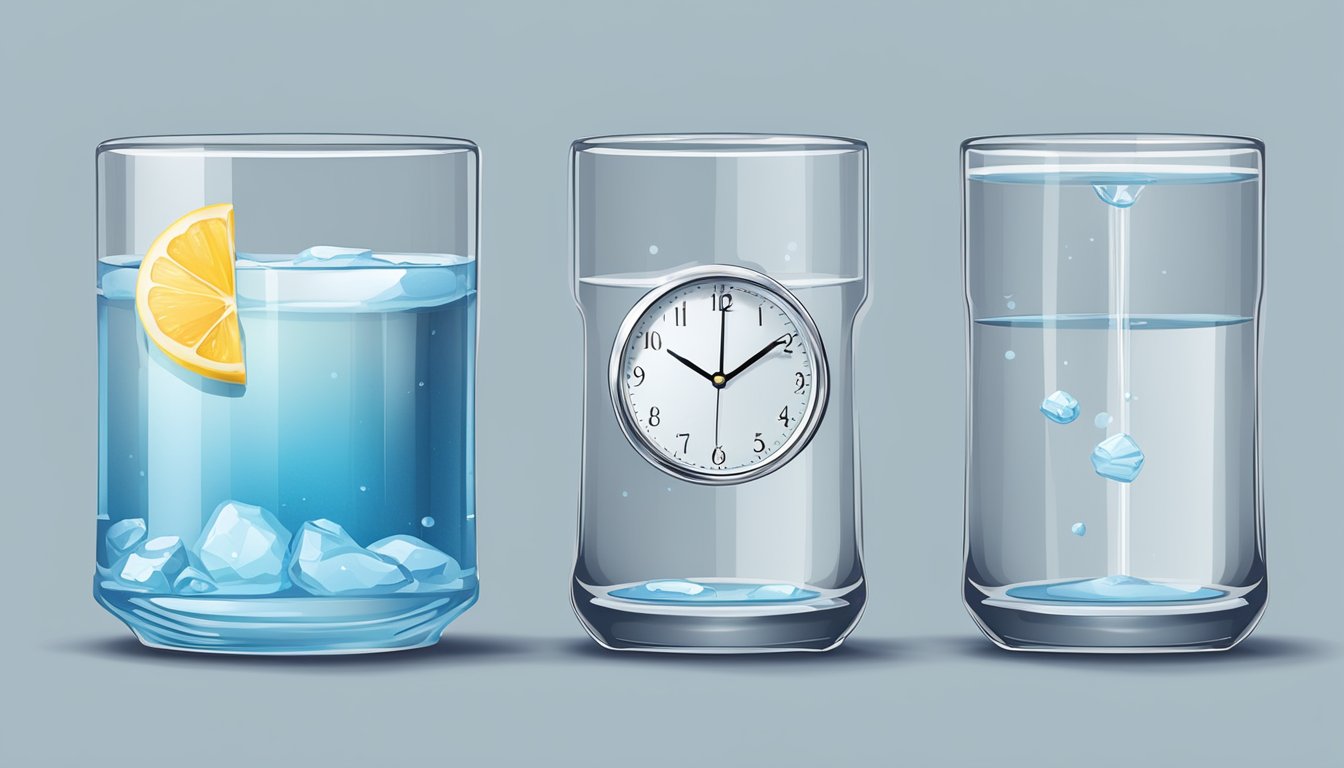 A glass of water sitting next to a clock showing different times, symbolizing the various styles of intermittent fasting