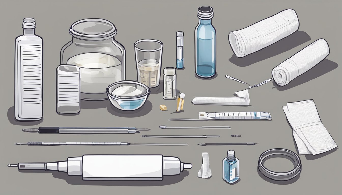 A table with a vial, syringe, alcohol swab, and bandage. A step-by-step guide is laid out next to the supplies