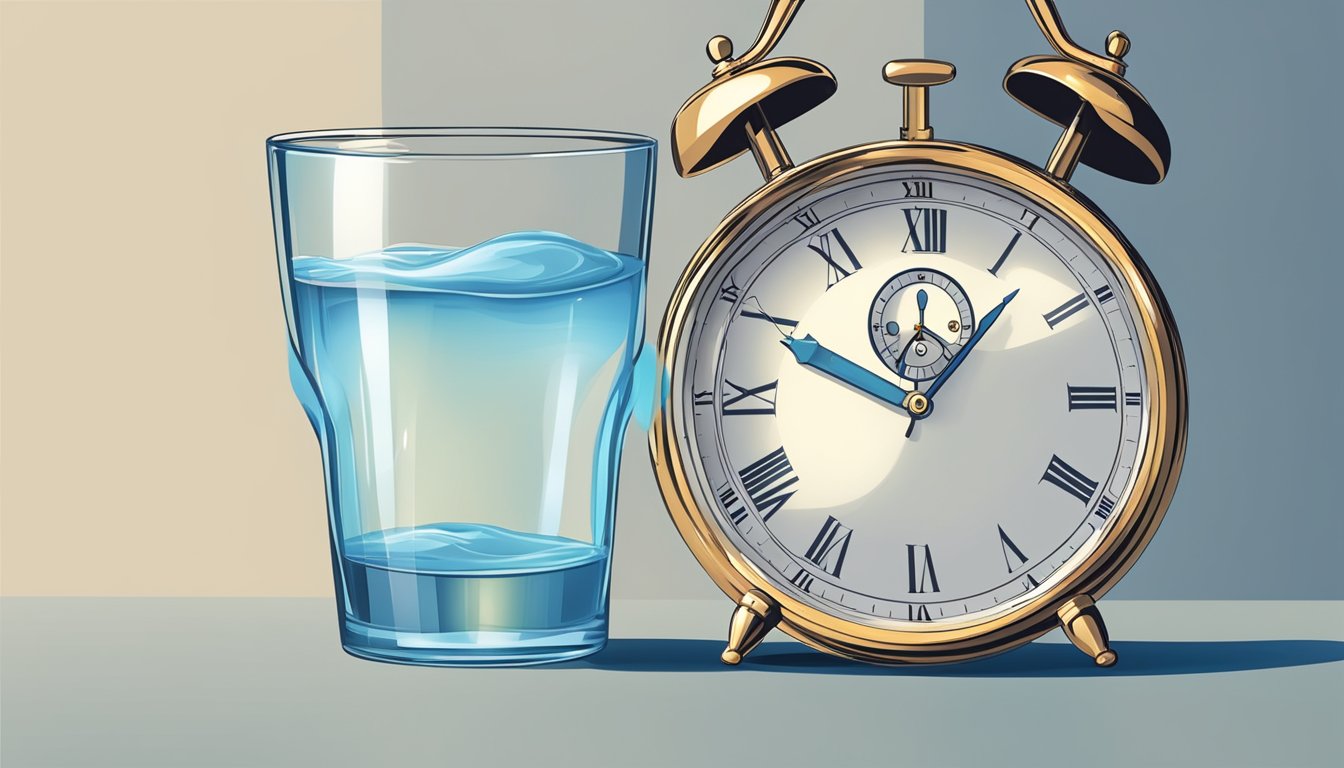 A glass of water next to a clock showing the time for fasting