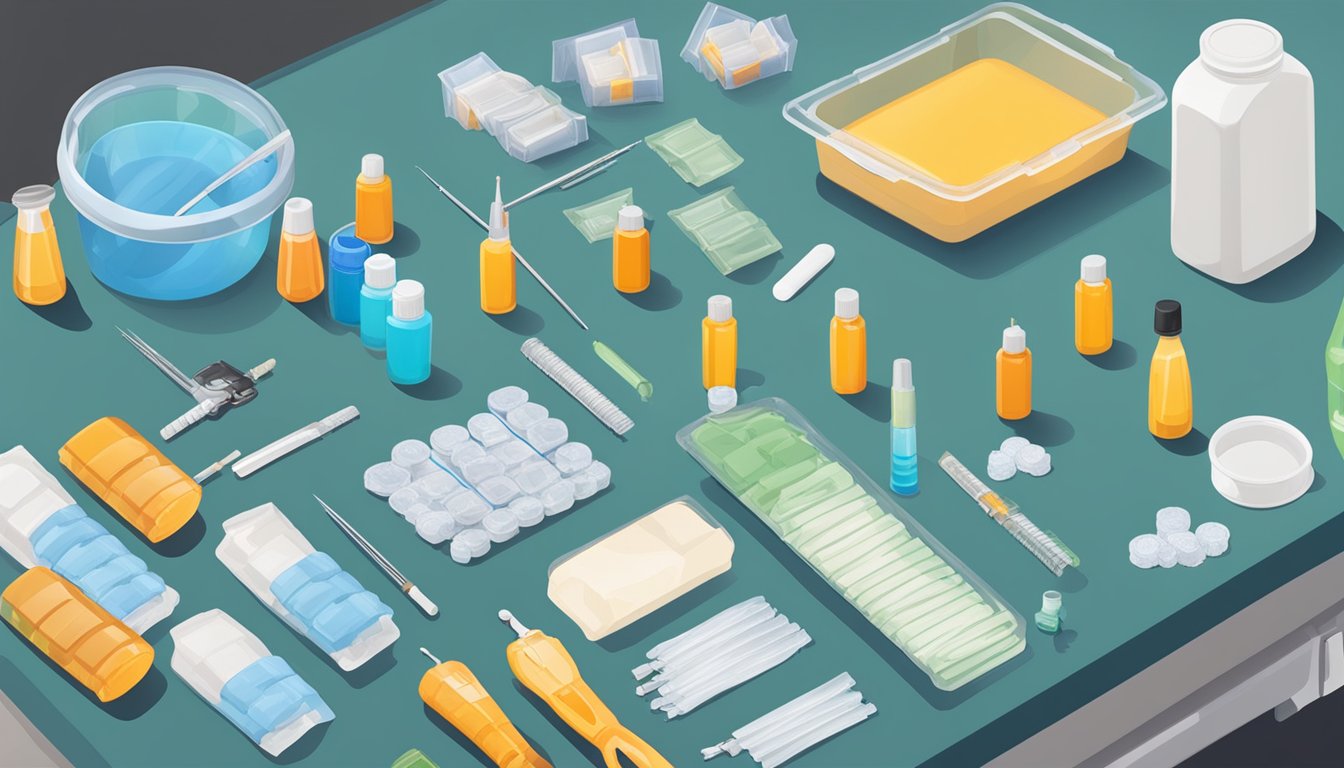 A table with various injection supplies laid out, including needles, syringes, alcohol swabs, and a sharps disposal container