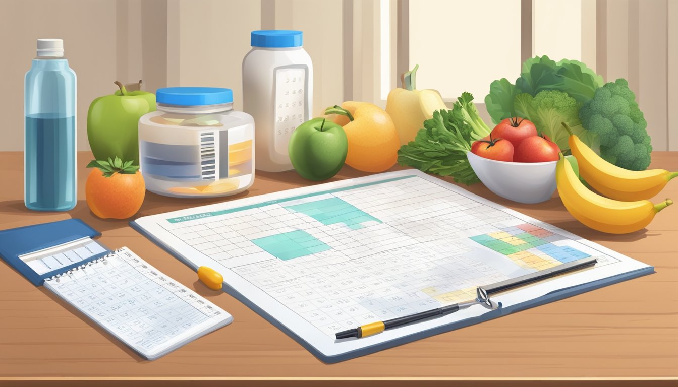 A kitchen counter with a variety of healthy foods, a calendar with exercise schedules, and a prescription bottle of weight loss injections