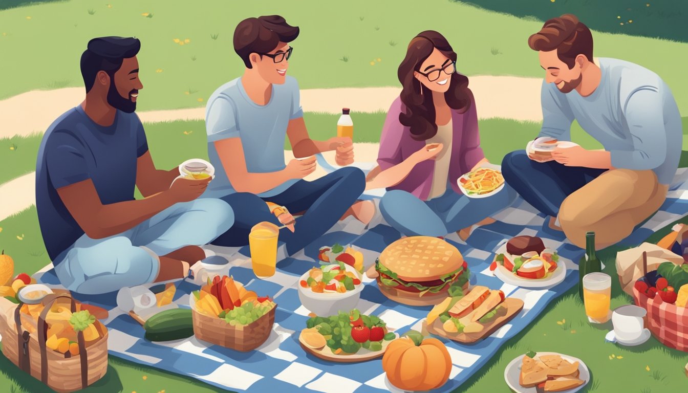 A group of friends enjoying a picnic in the park, with a variety of healthy food options spread out on a checkered blanket