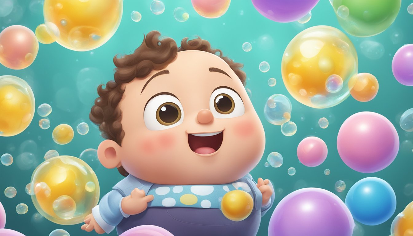 A cartoon character holding their stomach while surrounded by floating burp bubbles