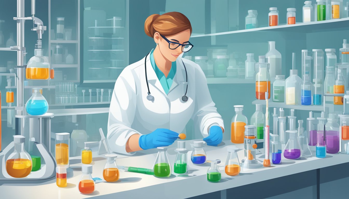 A laboratory setting with vials, syringes, and safety equipment. A researcher carefully measures and mixes hormone compounds for injectable weight loss treatments