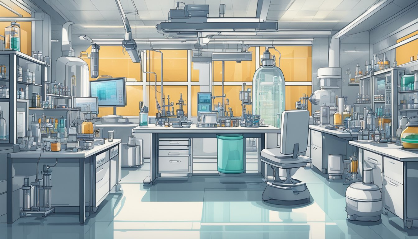 A futuristic laboratory with vials and syringes, surrounded by scientific equipment and charts illustrating the role of hormones in weight loss treatments