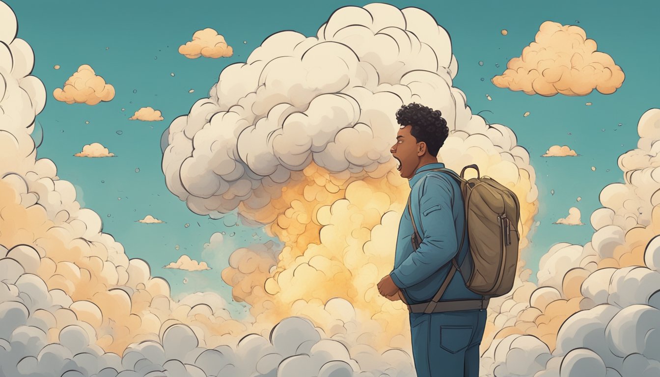 A person holding their stomach with a pained expression while surrounded by clouds of belching gas