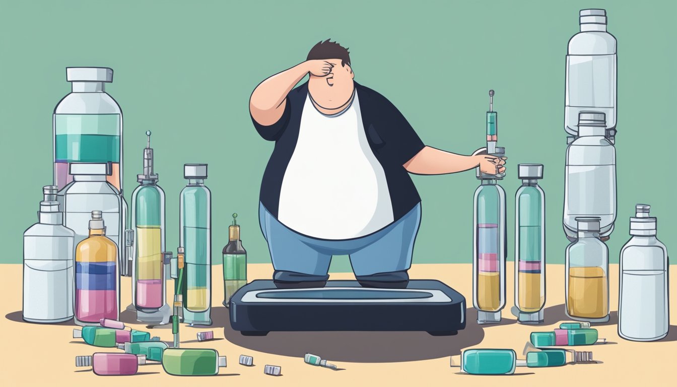 A person standing on a scale, surrounded by empty syringes and a bottle of weight loss injections, while visibly struggling with increased belching