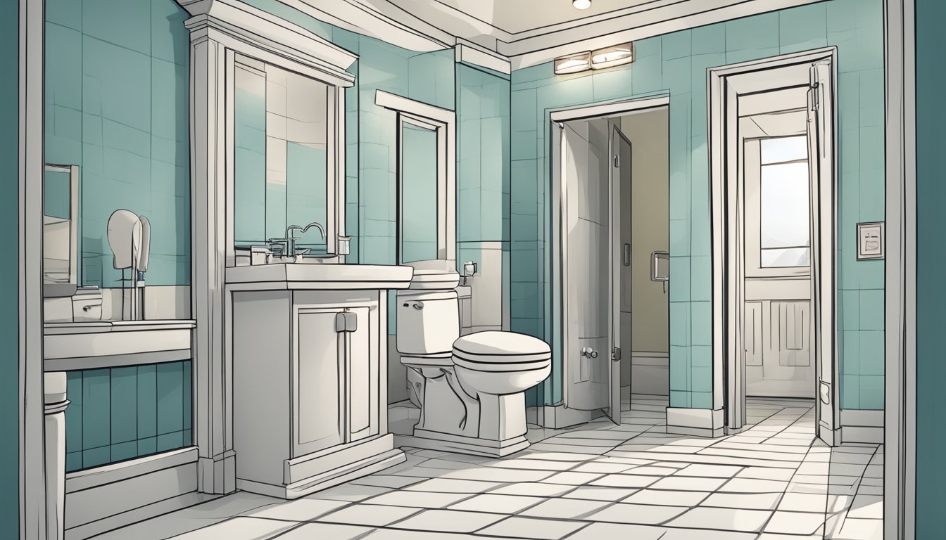 A bathroom with an open door, toilet, and sink. A sense of urgency and discomfort is conveyed through the use of a flushed face and frantic movement