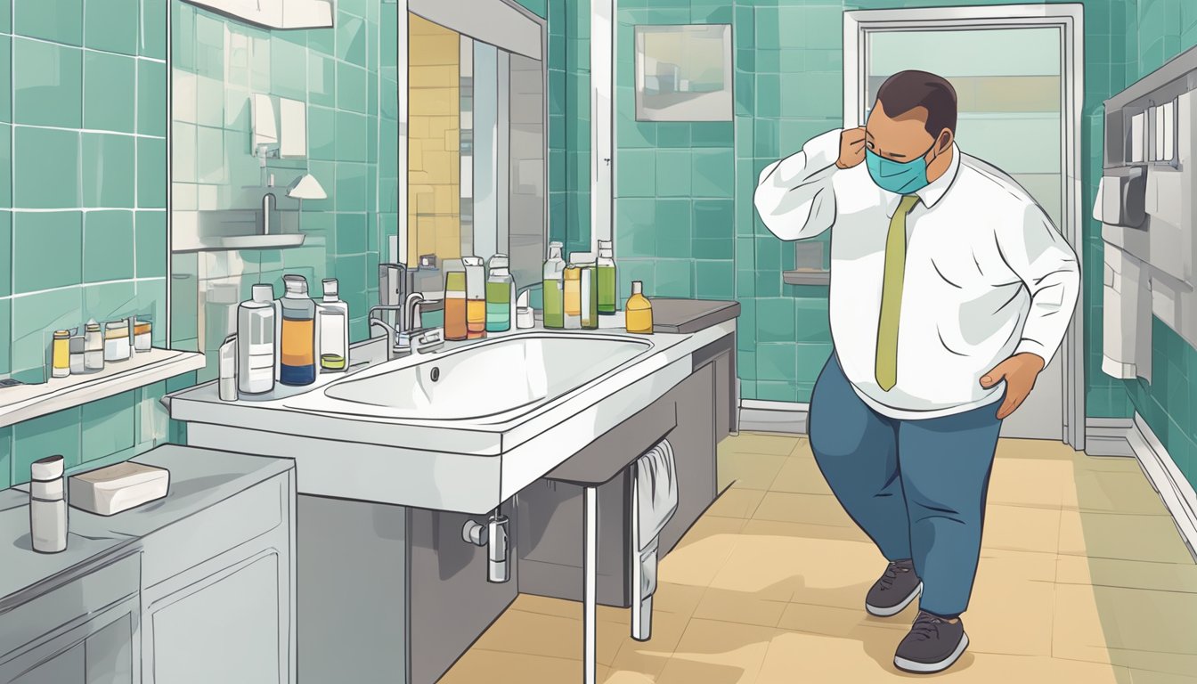 A person rushes towards a bathroom, clutching their stomach in discomfort. A vial of weight loss injections sits on the counter