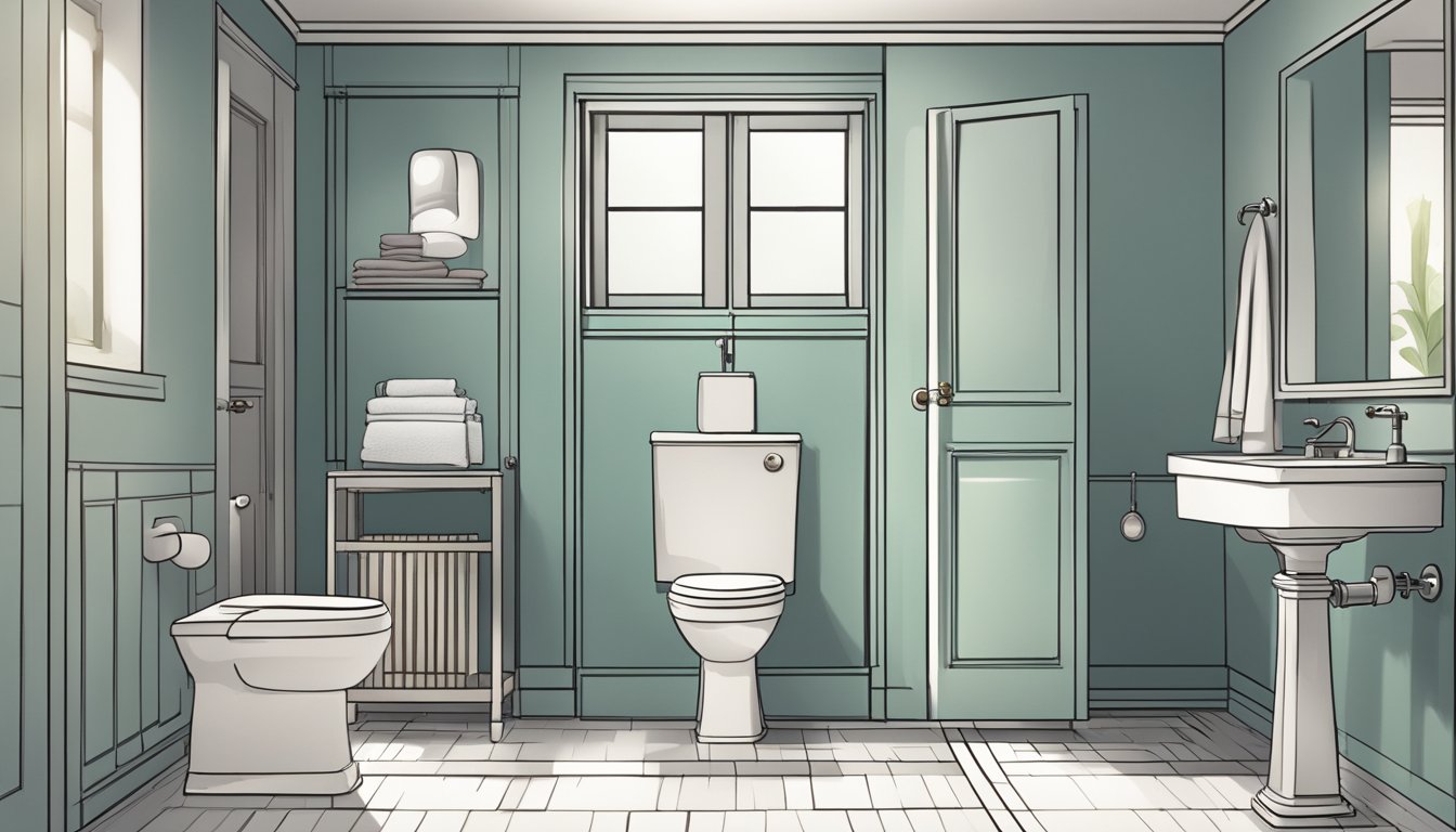 A bathroom with an open door, a toilet, and a sink. A sense of urgency and discomfort is conveyed through the use of lighting and perspective