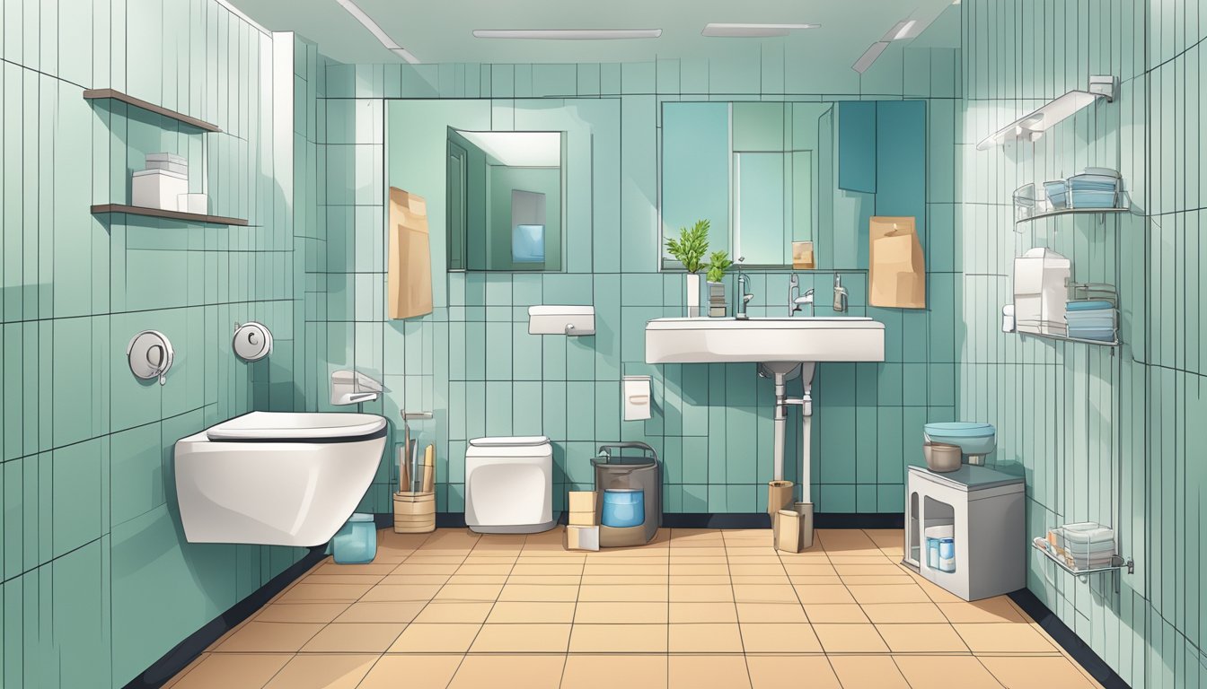 A bathroom with supportive resources nearby, such as medication, water, and a waste bin, with a sense of urgency and discomfort