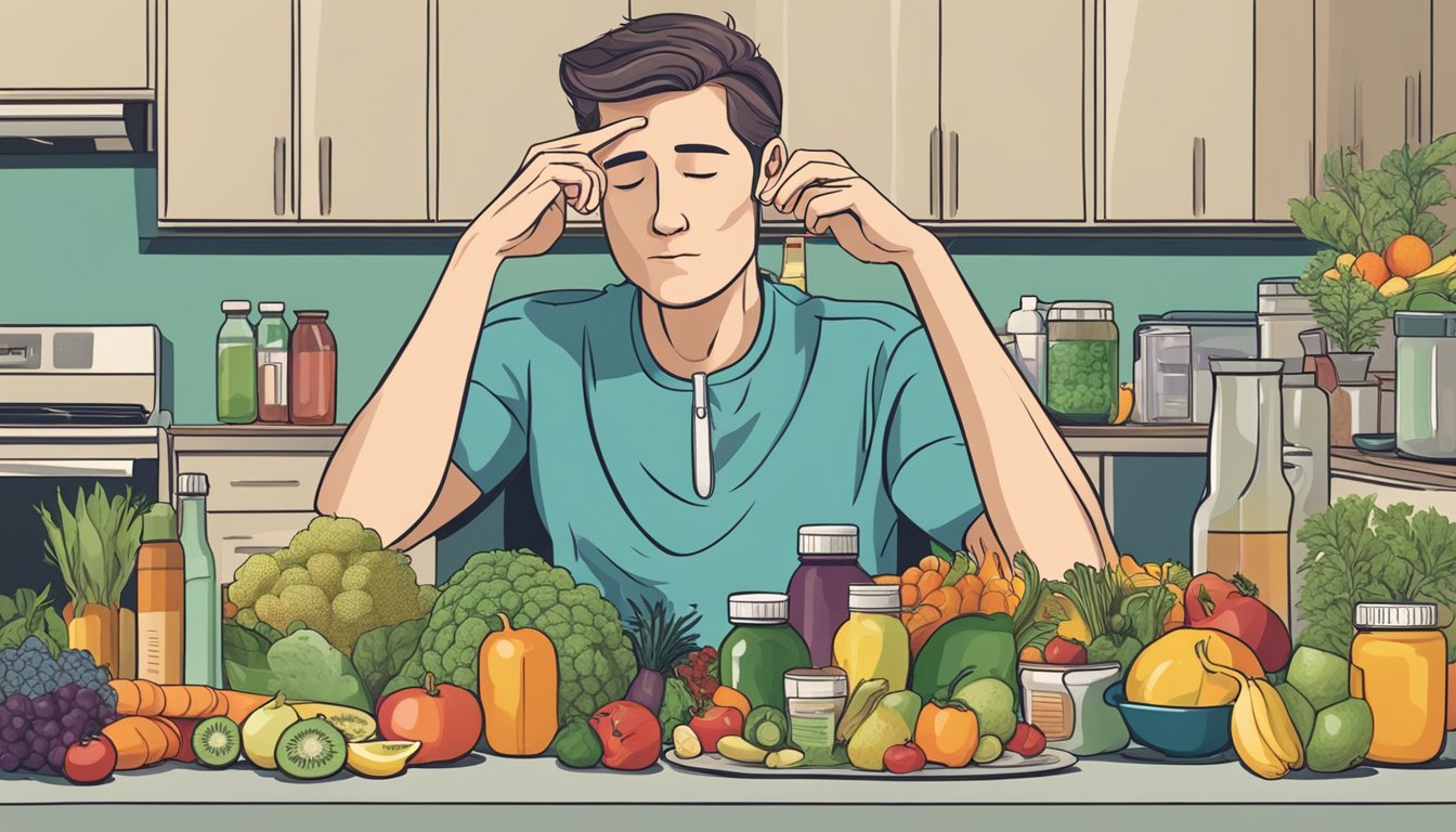 A person sitting at a table, surrounded by various fruits, vegetables, and medication bottles. They have a thoughtful expression as they balance their digestive health during treatment for constipation