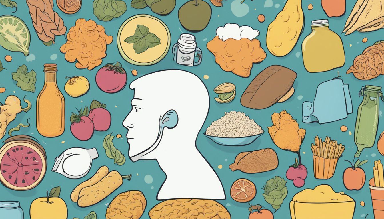 A person's silhouette surrounded by various gas-inducing foods with a thought bubble showing discomfort and embarrassment