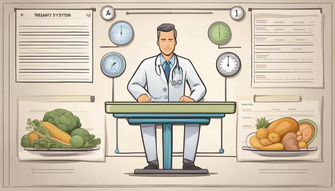 A doctor carefully balancing a scale with a healthy digestive system on one side and a treatment plan for constipation on the other