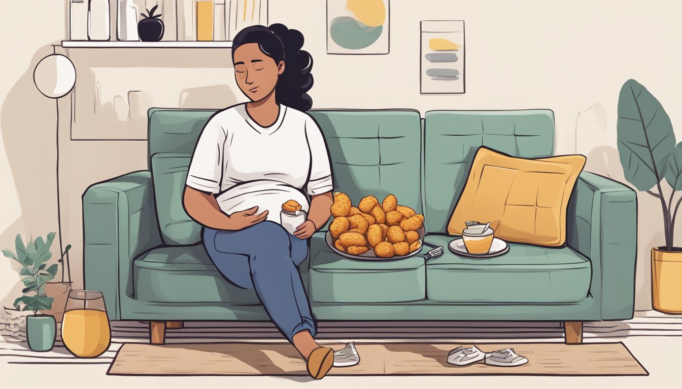 A person sitting on a couch, holding their stomach with a pained expression. A bottle of weight loss injections and a plate of chicken nuggets are on the table