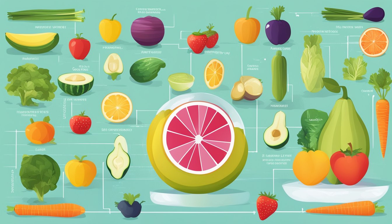 A colorful infographic showing various fruits and vegetables with high water content, alongside a depiction of weight loss injections