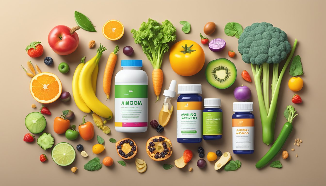 A colorful array of fruits, vegetables, and protein-rich foods arranged on a table, with a bottle of weight loss injections and a vial of amino acids prominently displayed