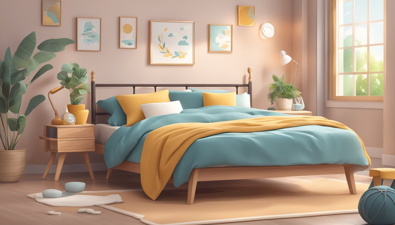 A peaceful bedroom with a balanced meal and exercise equipment, surrounded by symbols of good sleep like a comfy bed and calming colors