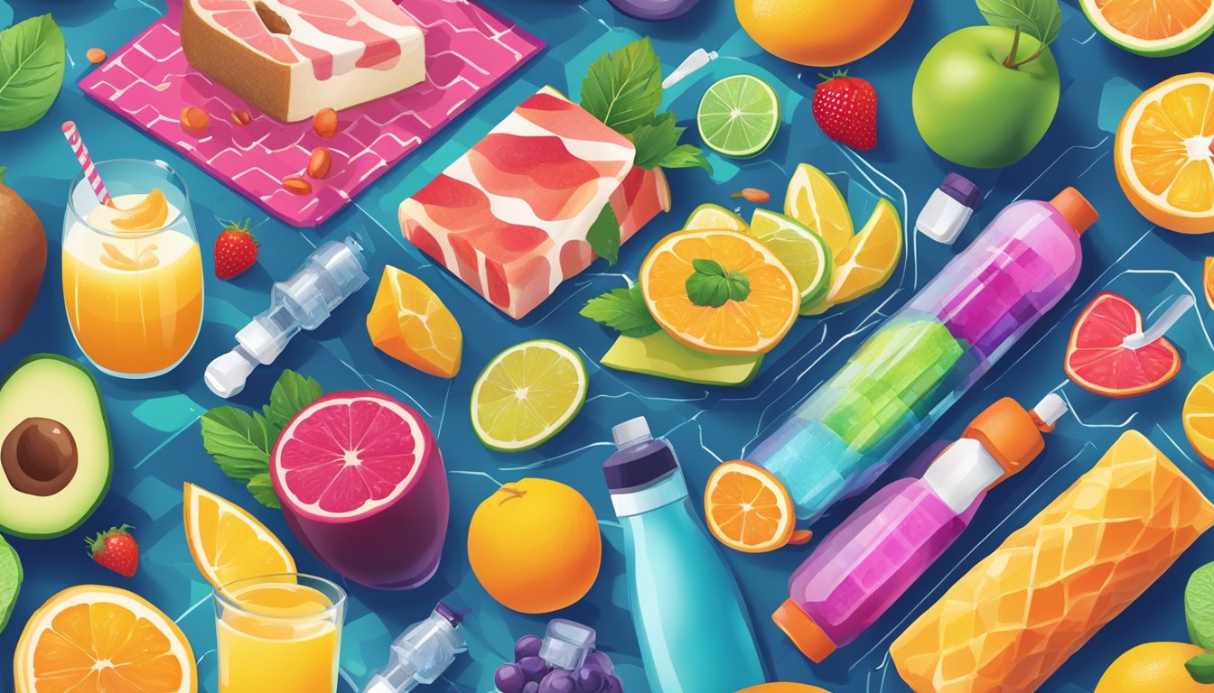 A colorful array of energizing foods and beverages, alongside a fitness tracker and a syringe, set against a background of vibrant, energetic patterns