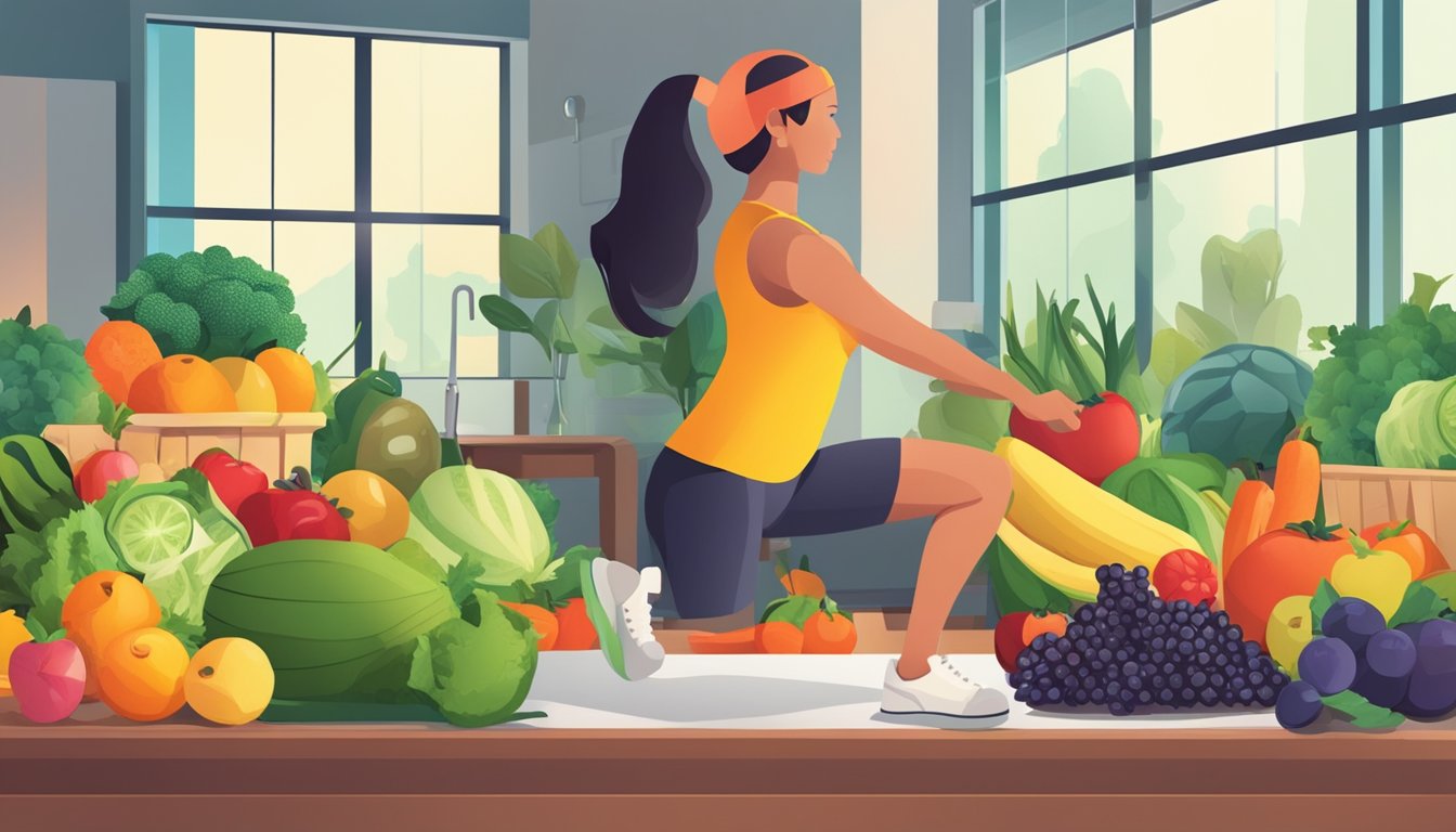 A vibrant scene of fresh fruits, vegetables, and exercise equipment, with a person in the background injecting themselves with a weight loss injection