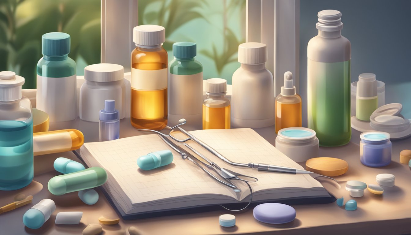 A table with various pain relief tools and medication bottles, surrounded by a calm and serene environment with soft lighting and soothing colors