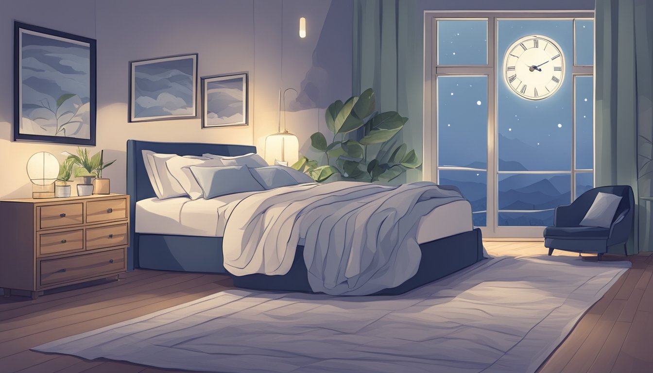 A serene bedroom with a moonlit window, a bed with rumpled sheets, and a clock showing different times to represent disrupted sleep patterns