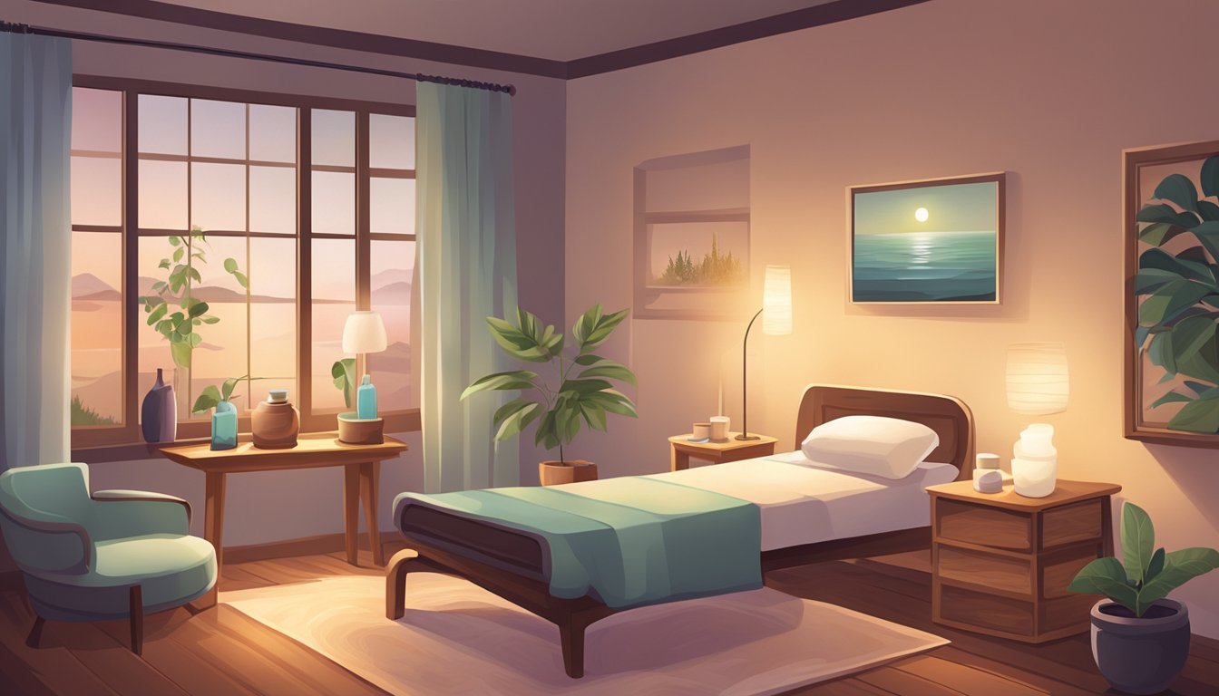 A serene, dimly lit room with soft, soothing colors. A variety of therapeutic tools and techniques are displayed, such as essential oils, massage tools, and relaxation aids