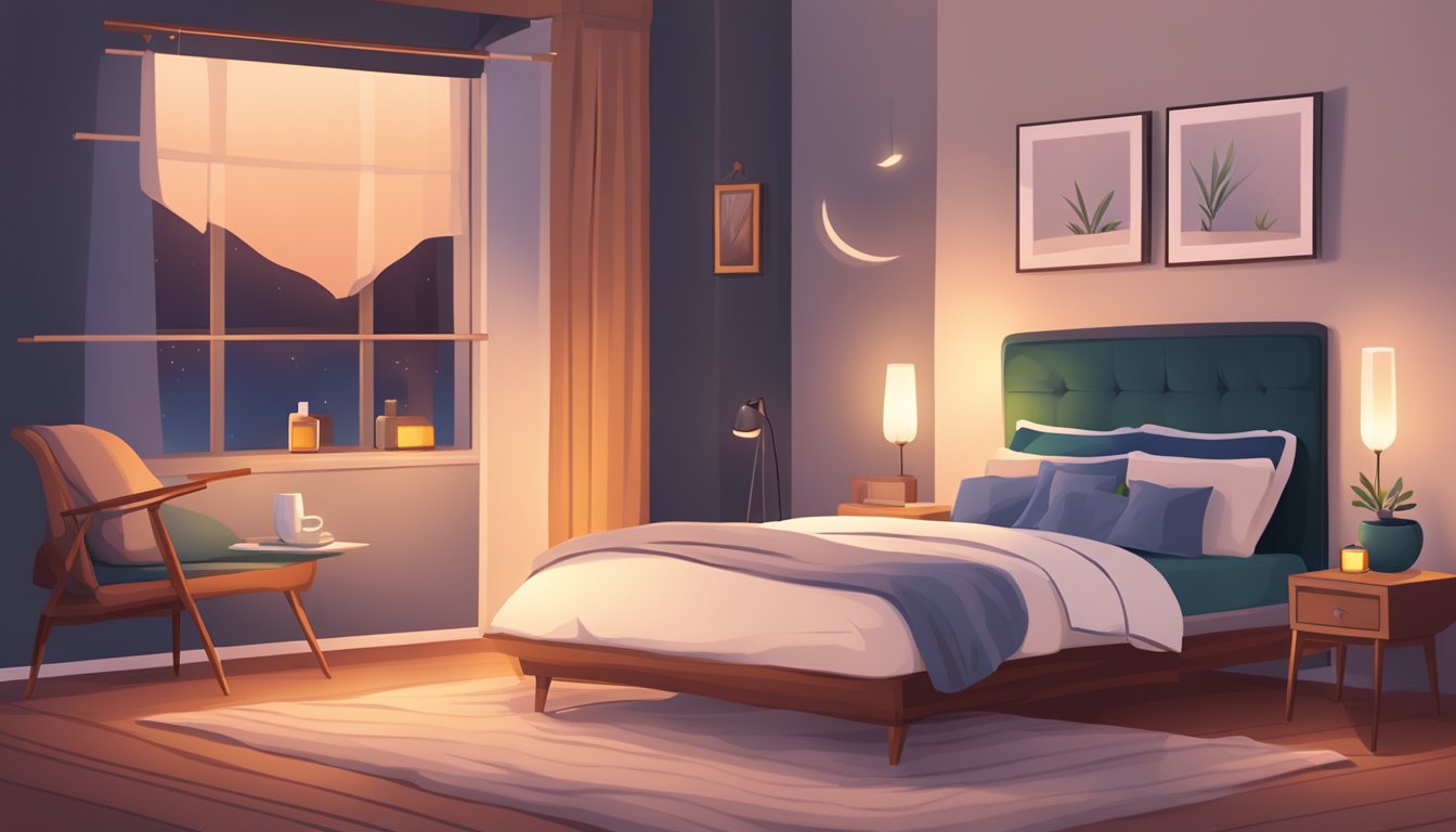 A cozy bedroom with dim lighting, a warm cup of tea, a soothing essential oil diffuser, and a comfortable pillow for relaxation