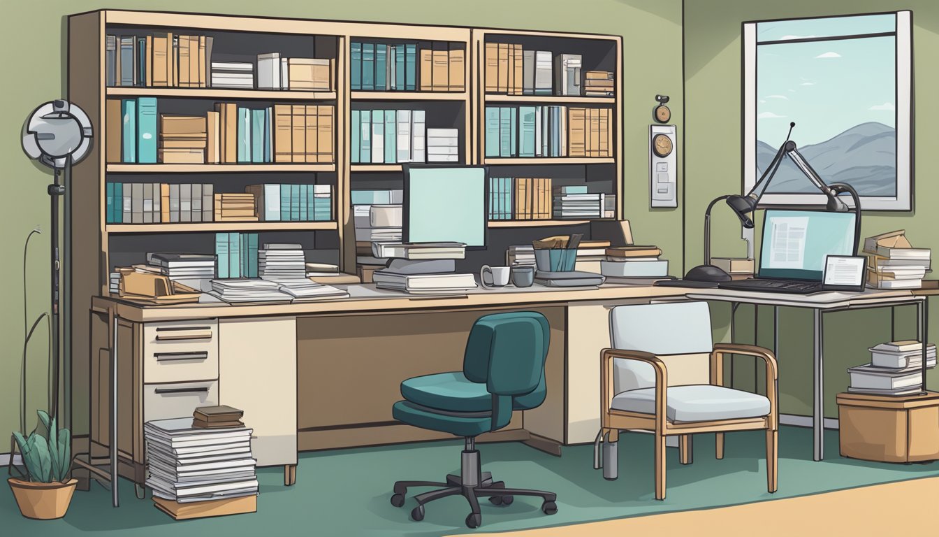 A doctor's office with shelves of medical books, a desk with a computer, and a comfortable chair for patients. A poster on the wall outlines guidelines for managing headaches during treatment