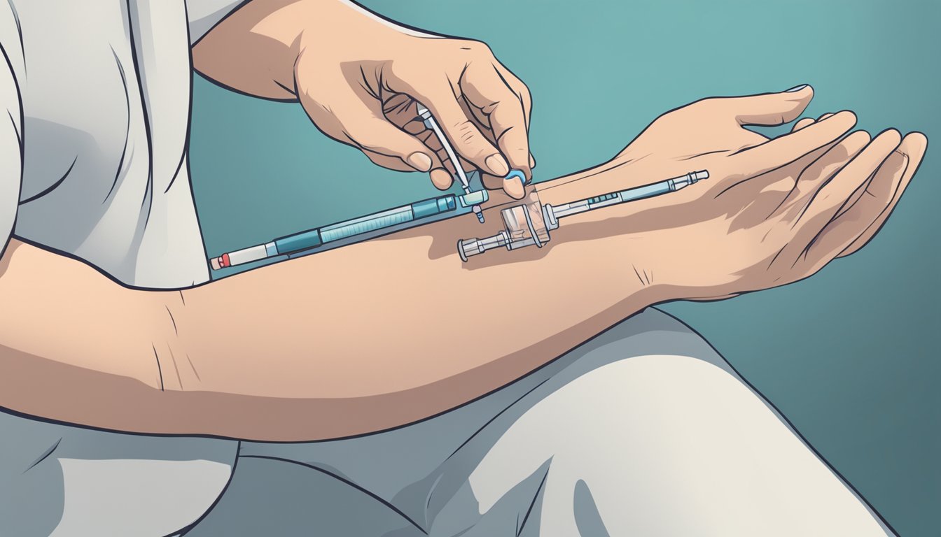 A medical professional holding a syringe and administering an injection into a patient's arm. The patient's arm shows redness and swelling at the injection site