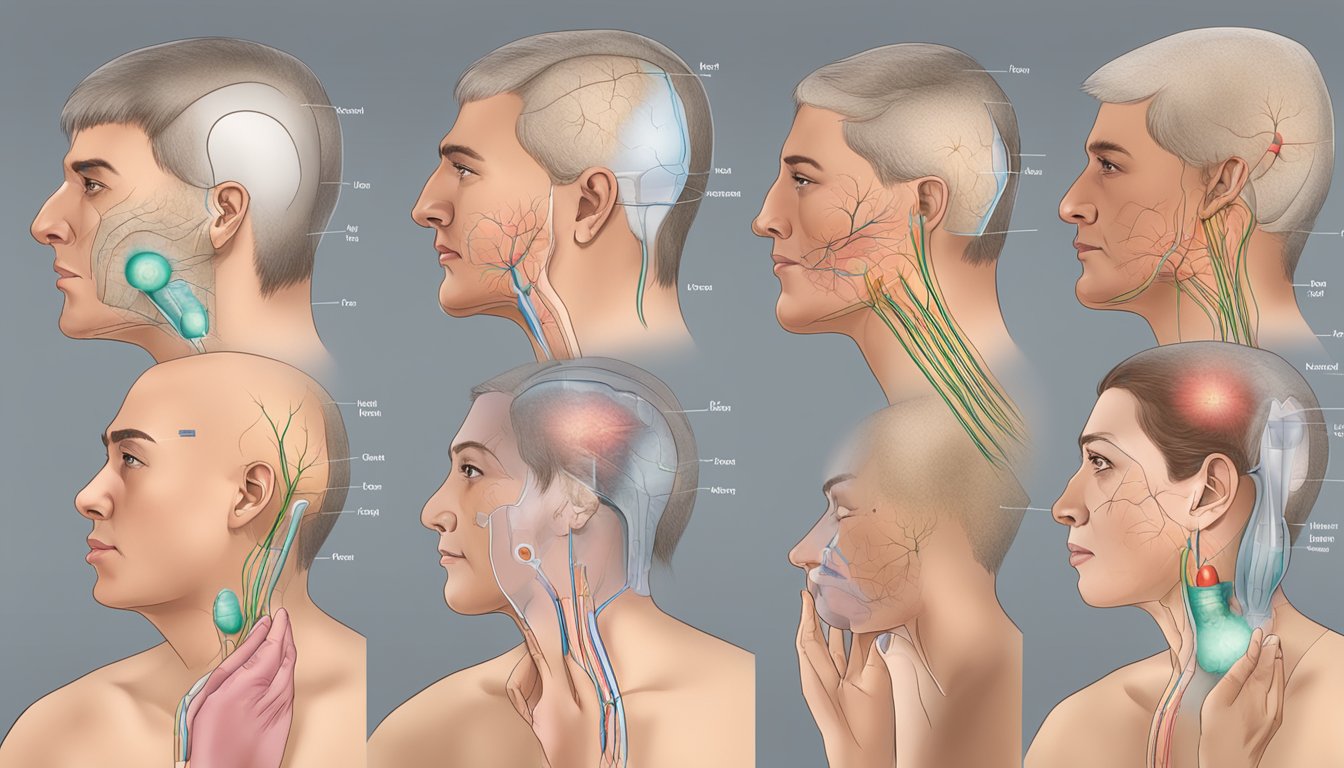 A medical illustration of various injection sites with different types of reactions, such as redness, swelling, or bruising, to depict normal and abnormal injection site reactions