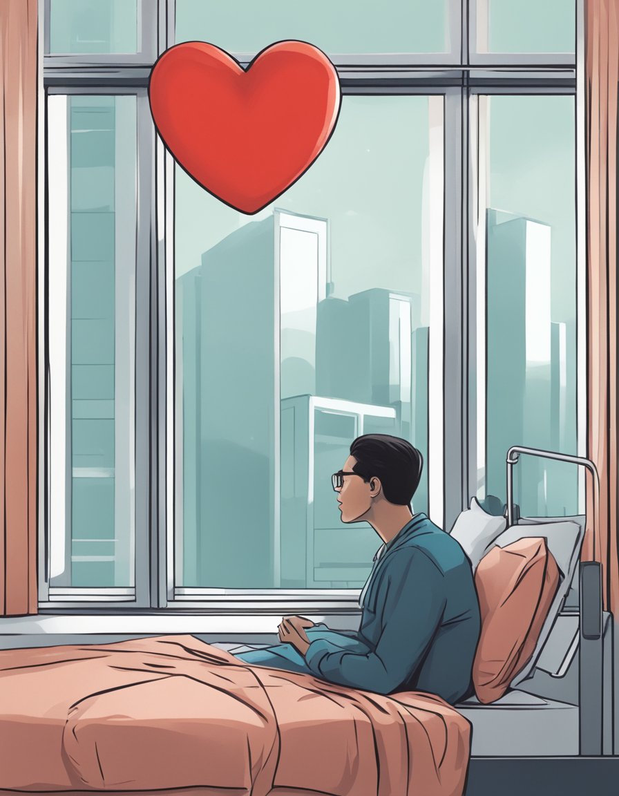 Digital illustration of a gentleman in a hospital bed overlooking a city scape.