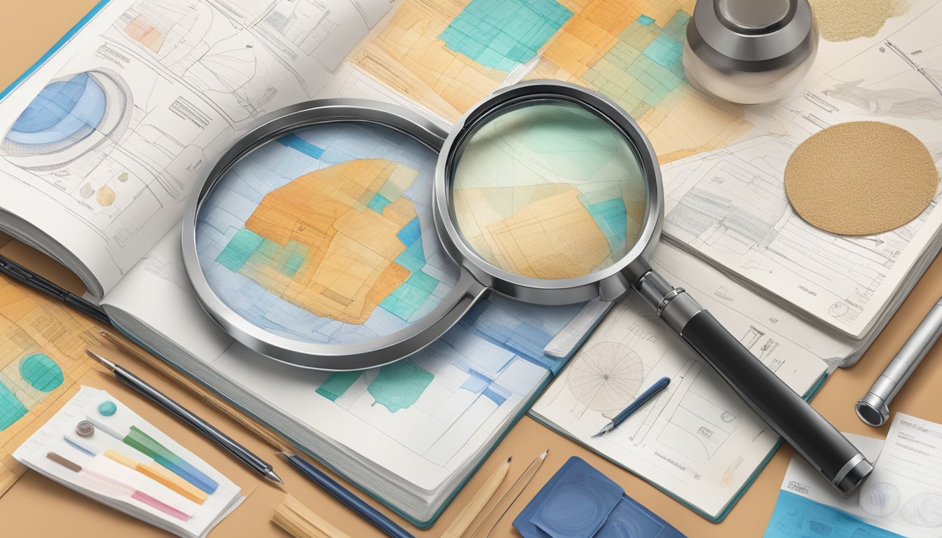 A magnifying glass hovers over a variety of skin samples, each displaying different textures and colors. A scientific journal and microscope sit nearby, surrounded by research notes and diagrams