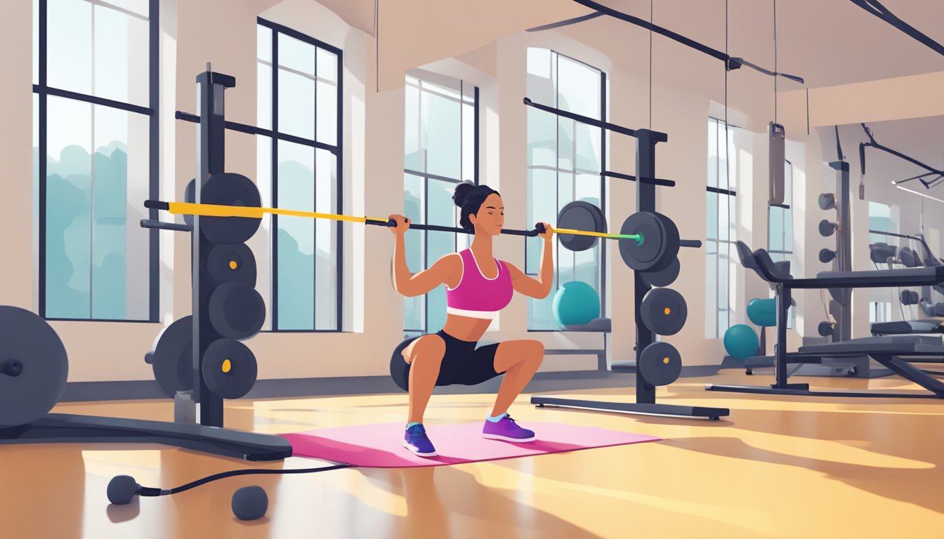 A person in workout clothes using resistance bands and dumbbells in a brightly lit gym with a focus on muscle groups