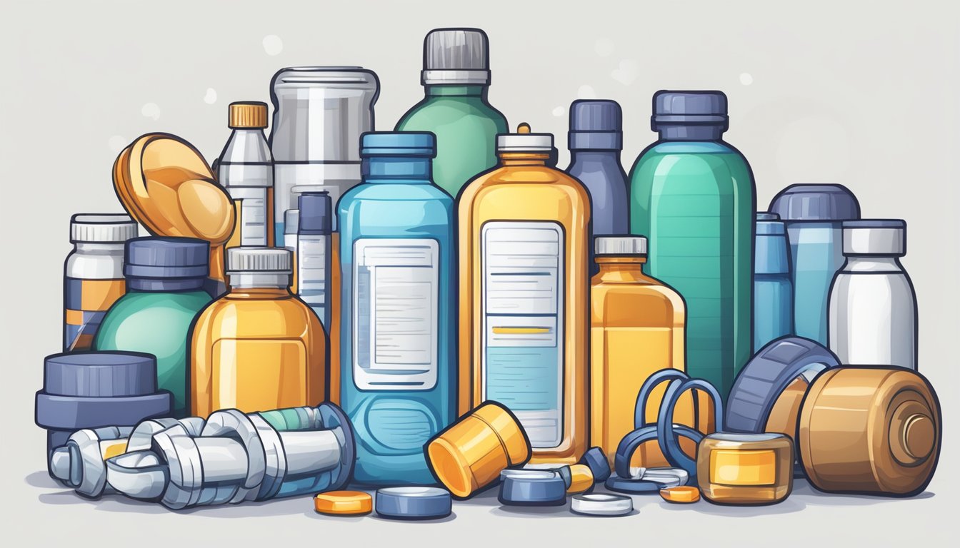 A bottle of weight loss medication surrounded by various types of exercise equipment and muscle pain relief products