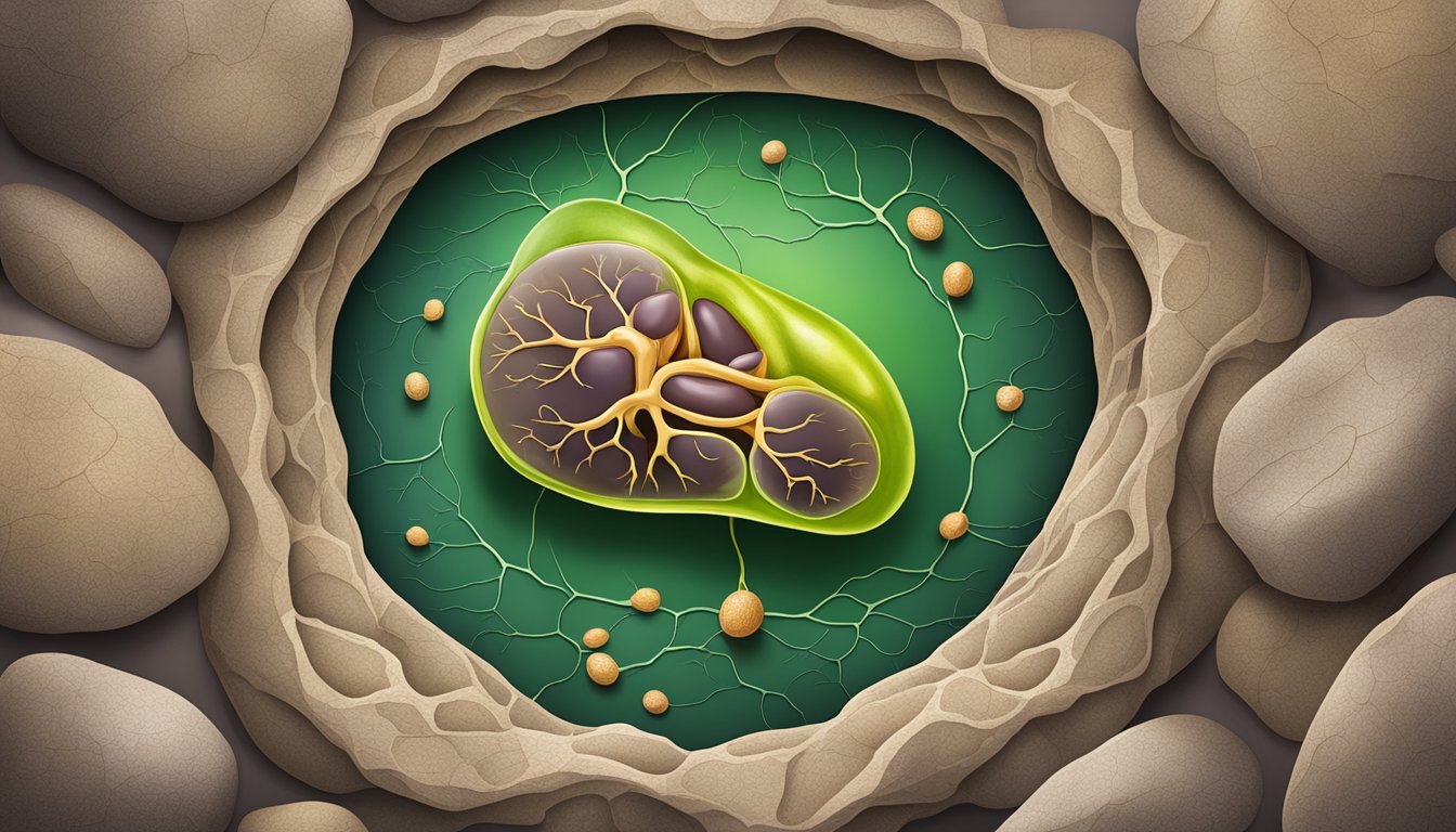 A gallbladder surrounded by bile ducts and liver, with a stone causing a blockage