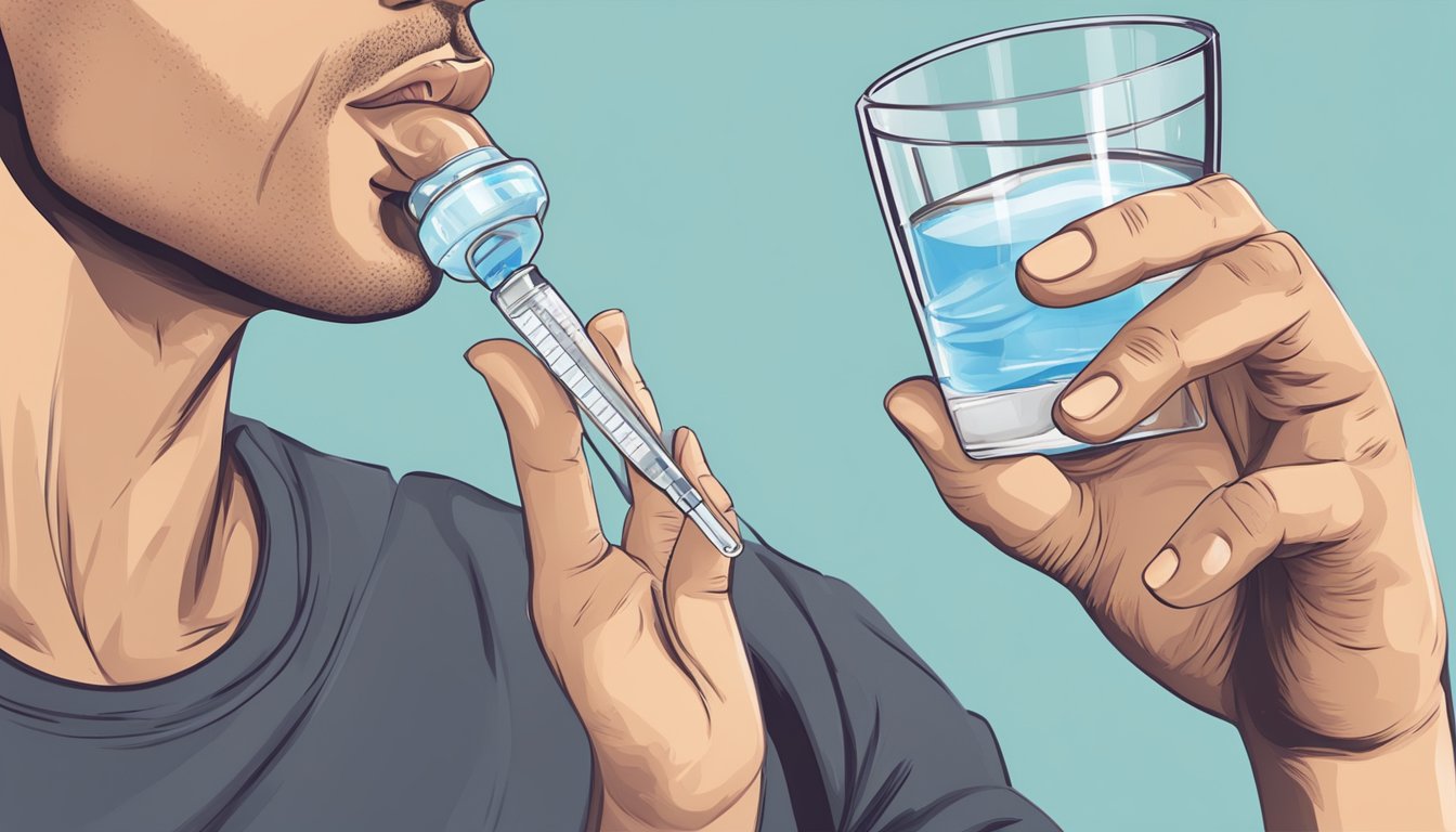 A person holding a weight loss injection with a dry, parched mouth and a glass of water nearby