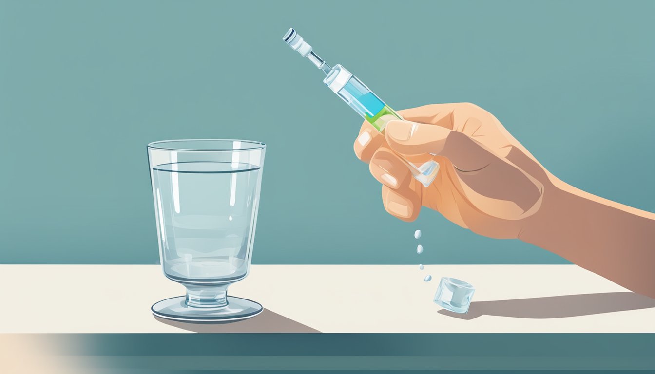 A person holding a weight loss injection while reaching for a glass of water, with a dry mouth and discomfort evident