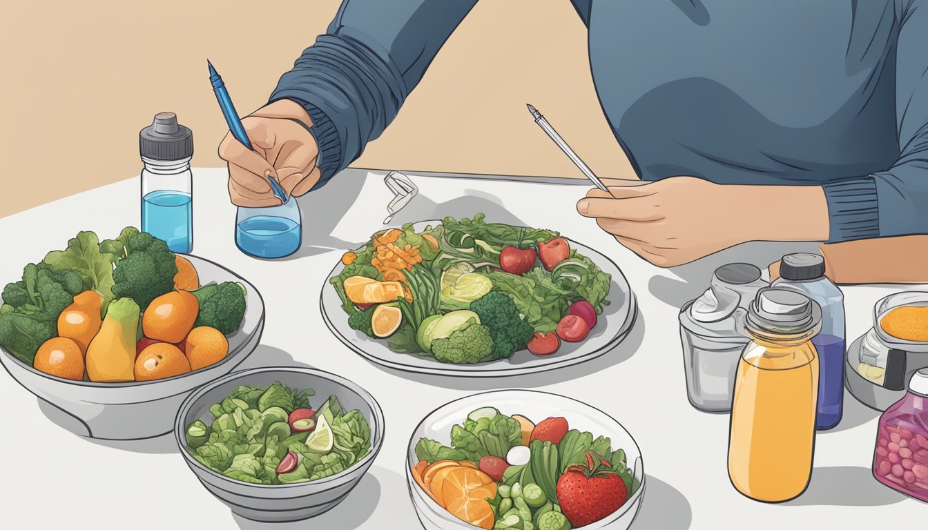 A person sitting at a table with a variety of healthy food options and a water bottle, while holding a weight loss injection pen