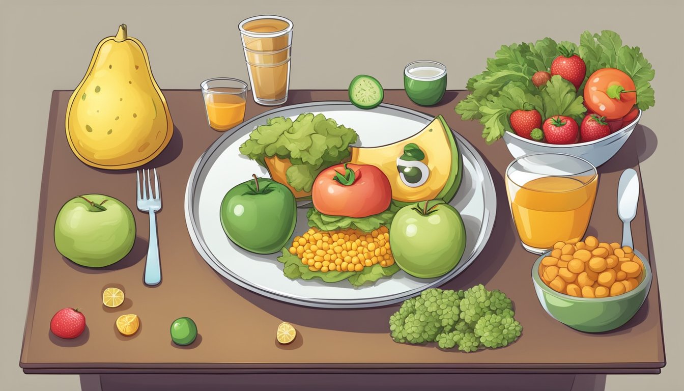 A table with healthy and unhealthy food options, a gallbladder with a frown, and a scale with a sad face