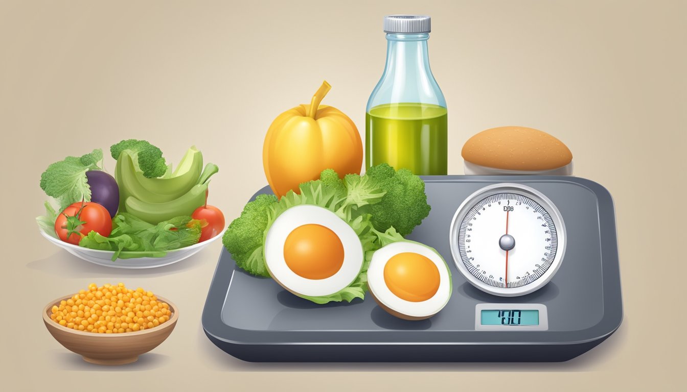 A bottle of vitamin B12 injections next to a balanced meal and a scale, with a vigilant eye symbolizing proper nutrition and weight loss